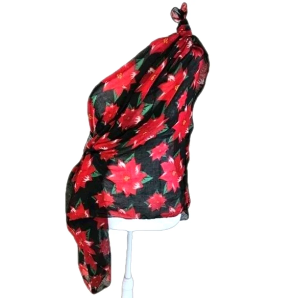 Infinite Scarf Holiday Poinsettia Floral Black and Red Wrap